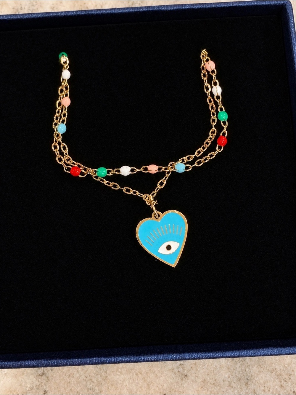Evil eye Gold-Tone Heart Pendant bracelet with Blue Eye and Beads IN BOX
